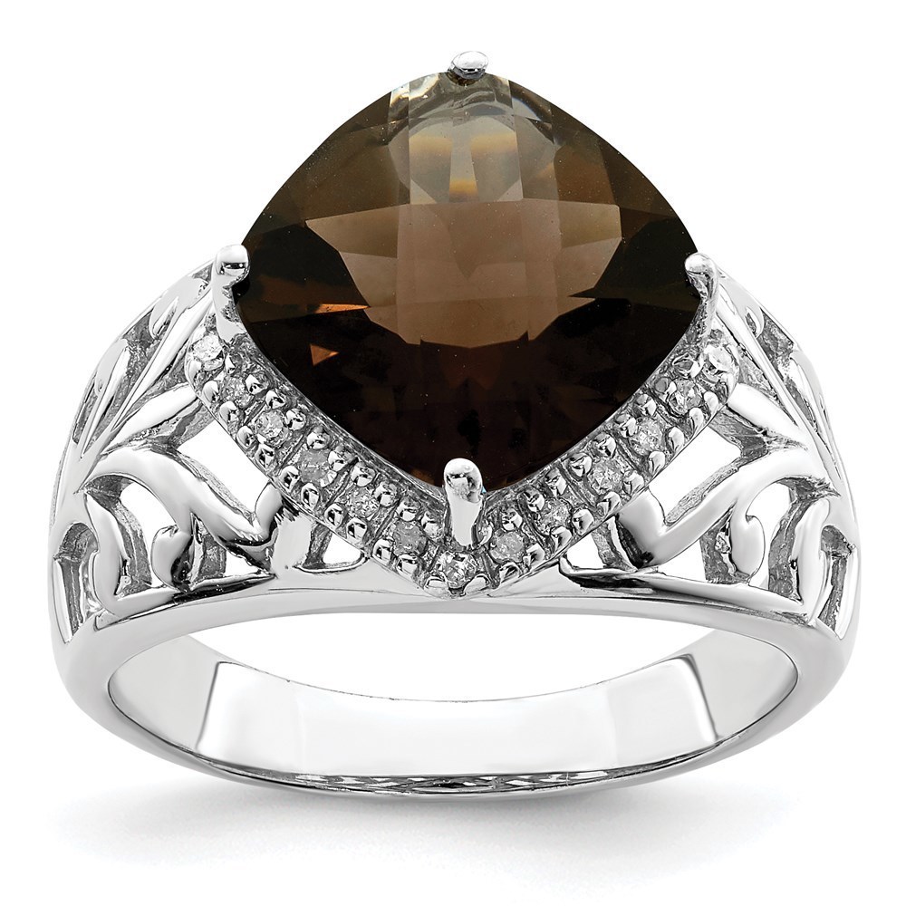 925 Sterling Silver Rhodium Checker-Cut Smoky Quartz & Diam. Ring